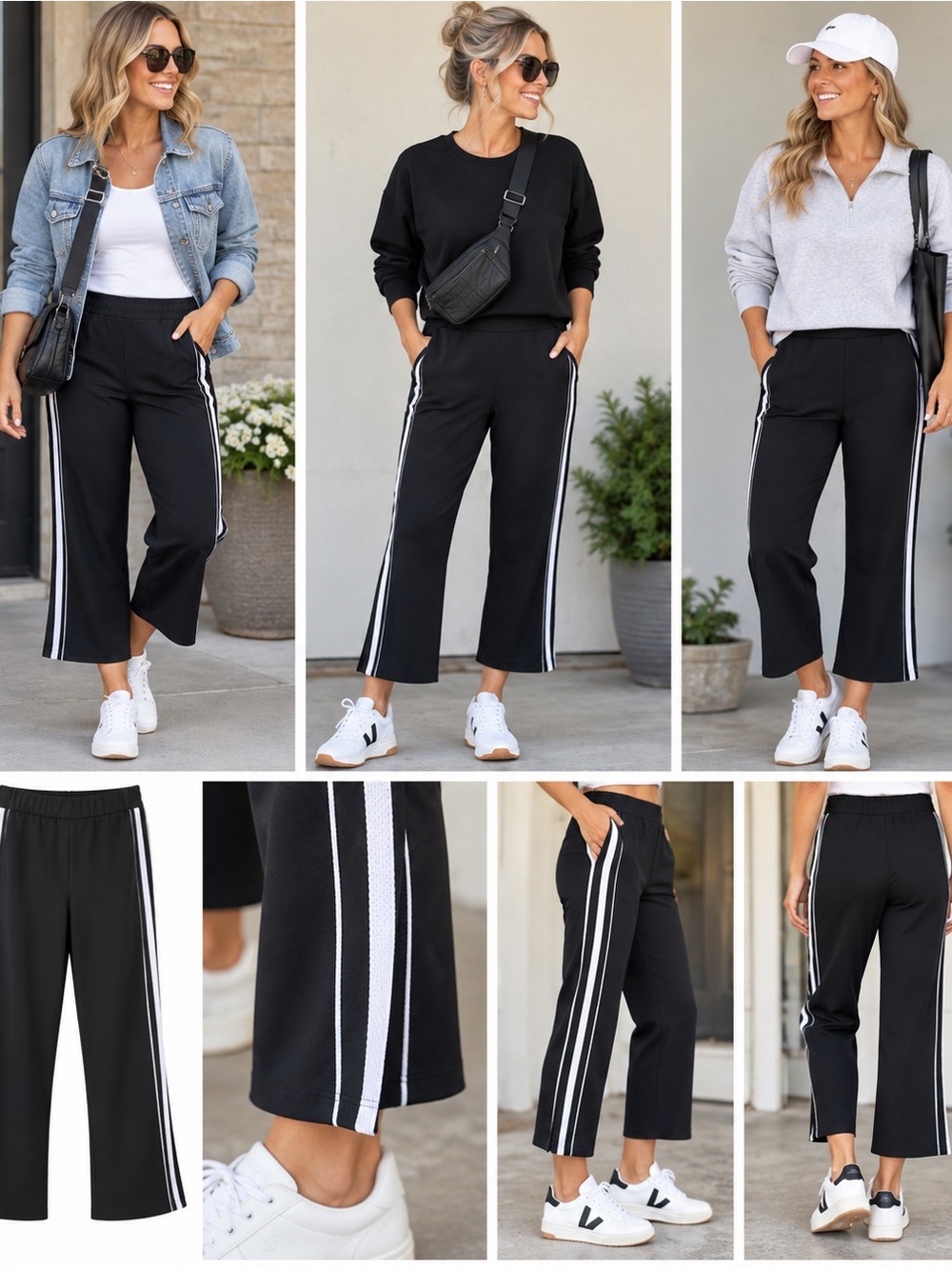 Universal Standard for J Crew Black Wide-Leg Track Pants with White Side Stripes